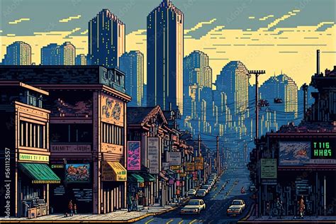 Pixel art city landscape with with buildings, houses, streets, trees ...