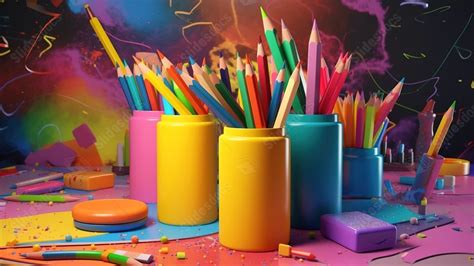 School Supplies Theme Abstract Backdrop Featuring 3d Rendered Tools Of ...