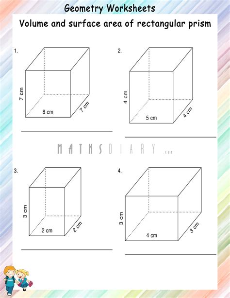 Volume and surface area of rectangular prisms - Math Worksheets ...