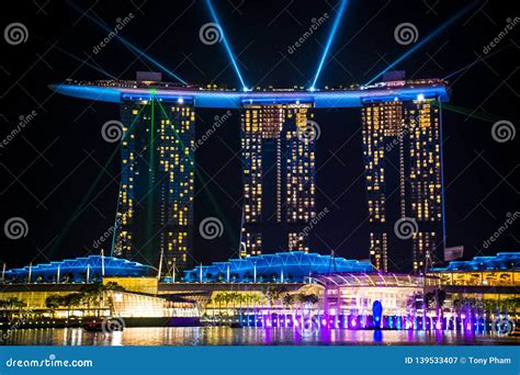 Marina Bay Sands Light and Water Show at Night Stock Image - Image of ...