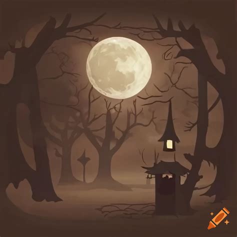 Scary sepia cartoon background with trees and moon on Craiyon