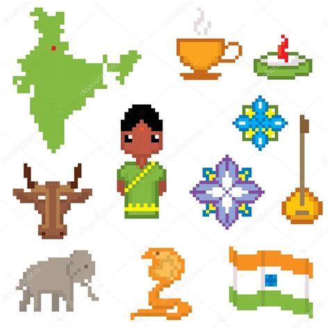 India culture symbols icons set. Pixel art. Old school computer graphic ...