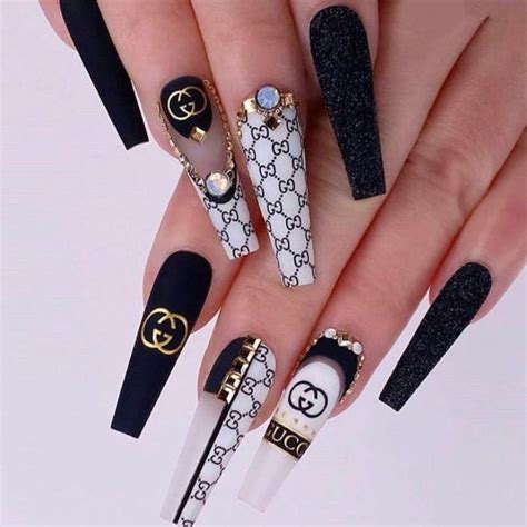 GG Nail Stickers Gold Black in 2021 | Gucci nails, Bling nails, Long ...