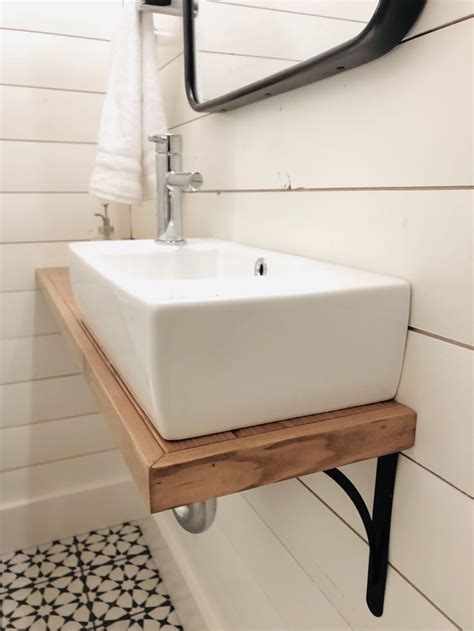 Wall mounted sink with custom shelf and shiplap walls. | Small bathroom ...