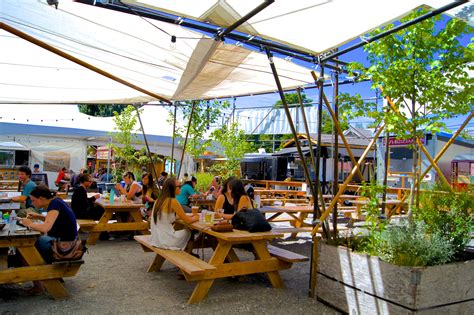 Food truck court ideas- gravel with picnic tables | Outdoor restaurant ...