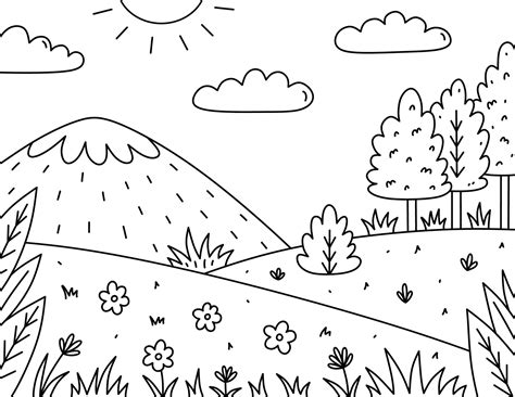 Cute kids coloring page. Landscape with sun, clouds, mountains, field ...