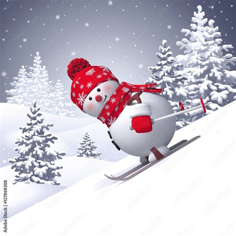 3d snowman sliding downhill, skiing, white Christmas holiday background ...