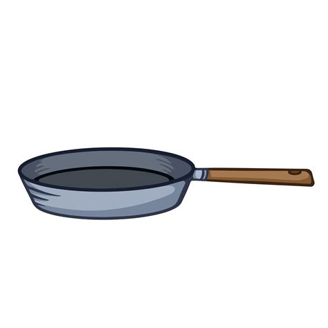 Colored Frying pan from side view with brown wooden handle vector ...