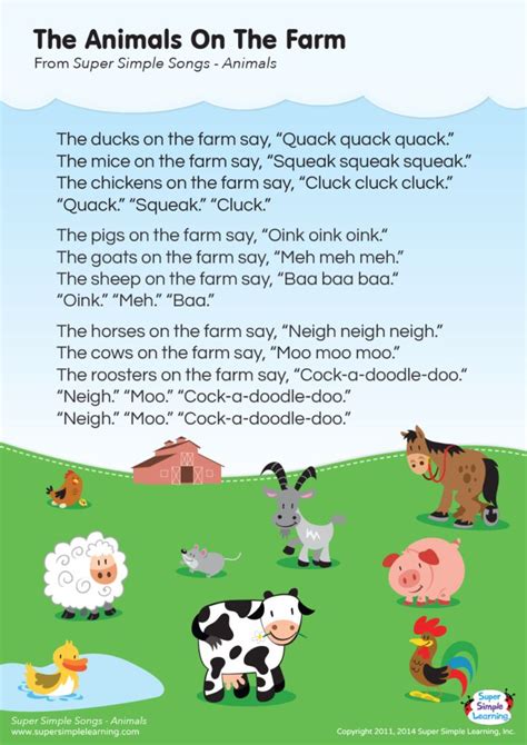 The Animals On The Farm Lyrics Poster - Super Simple | Farm theme ...