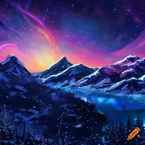 Mountain, snow, night, starry sky, art, painting, digital on Craiyon