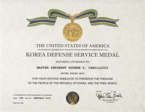 Korea Defense Service Medal Certificate