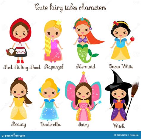 Cute Kawaii Fairy Tales Characters. Snow White, Red Riding Hood ...