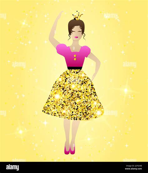 Gold Sparkle Princess Illustration Design in Pink Dress with Magical ...