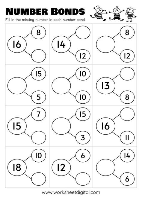 10 Printable Number Bonds Math Worksheets, Numbers 1 to 20 ...