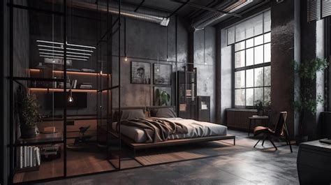 Premium Photo | A dark industrial loft with a bed and a tv on the wall.