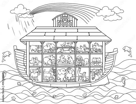 Ark of Noah in a cut with pairs of animals. Coloring Stock Illustration ...