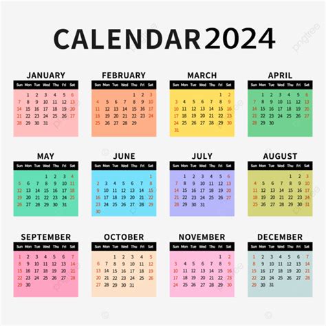 Simple And Colorful 2024 Calendar, 2024, Calendar, Color PNG and Vector ...