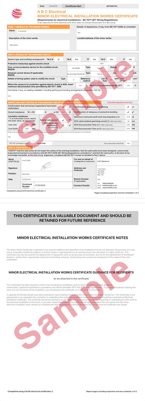 Electrical Certificate – Example Minor Works Certificate | iCertifi