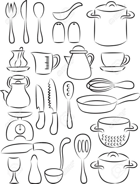 illustration of cooking utensil set in black and white | Cooking ...