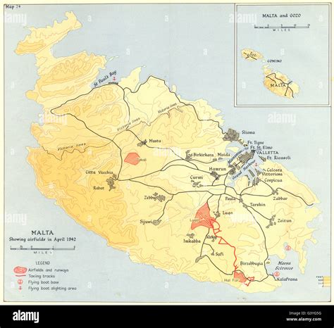 MALTA: April 1942: showing airfields, 1960 vintage map Stock Photo - Alamy