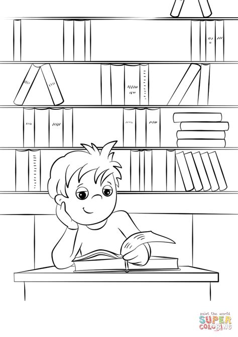 Cute Little Boy Reading a Book at the Library coloring page | Free ...