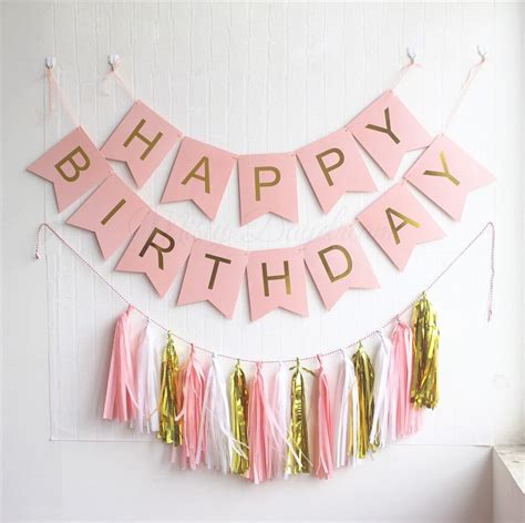 Gold Pleated HAPPY BIRTHDAY Pink banner + 15pc tassels Kit (Light Pink ...