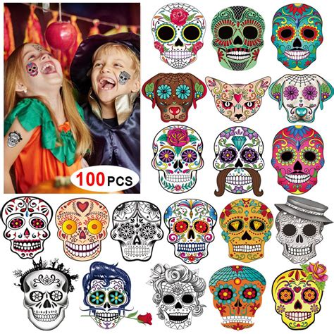 Buy Day of the Dead Sugar Skull Tattoos(100Counts),Konsait Halloween ...