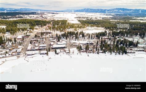 Unique view of downtown McCall Idaho in winter with ice on Payette Lake ...