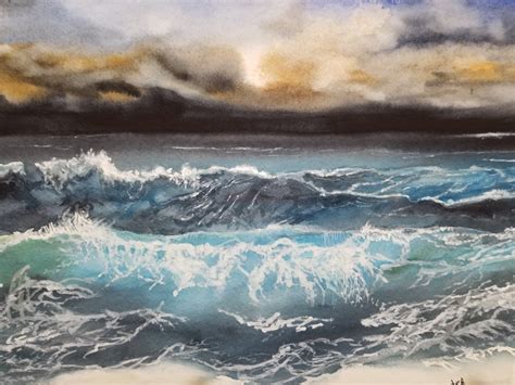 Original Watercolor: Ocean Waves With a Stormy Sky by Janie | Etsy