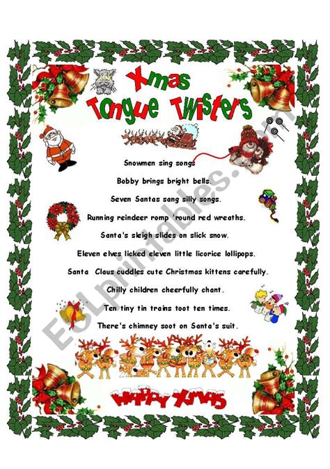 CHRISTMAS TONGUE TWISTERS! - ESL worksheet by Blumette