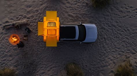 2020 Rivian R1T overhead shot with tent in truck bed | Rivian Forum