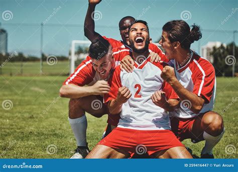 Success, Happy Team or Winner for Soccer Player Celebration during ...