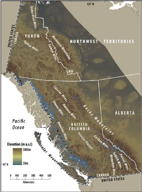 Relief map of western Canada, showing major mountain systems and ...