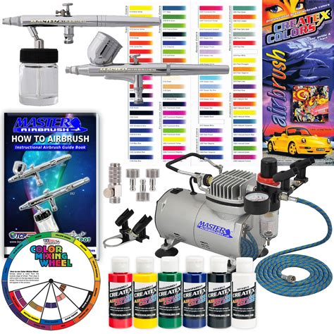 2 AIRBRUSH SYSTEM KIT 6 Primary Createx Paint Color Guide Wheel ...