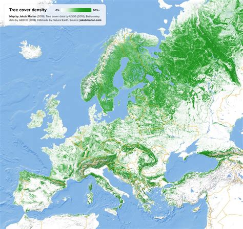 Map : Jakub Marian's tree cover map of Europe [2560×2422] - Infographic ...