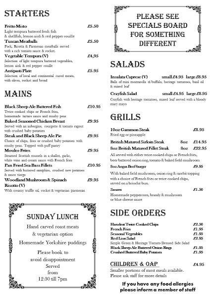 Menu at The Red Lion Inn pub & bar, Rochdale, Whitworth Square