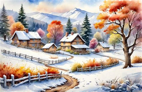 Premium Photo | Winter village watercolor painting illustration