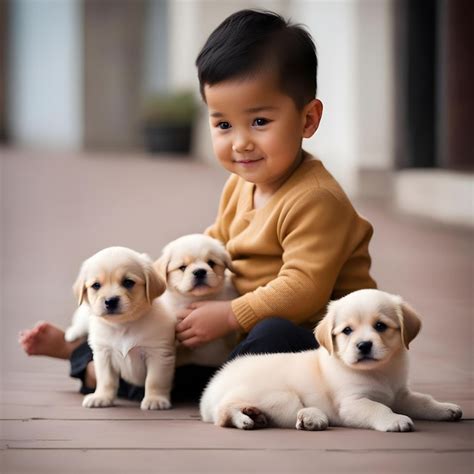 Premium Photo | A cute baby playing with puppies