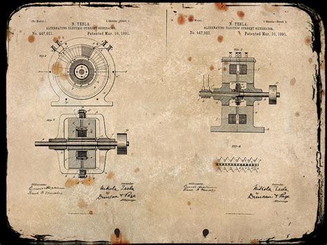 Nikola Tesla's Alternating Current Generator Patent 1891 Digital Art by ...