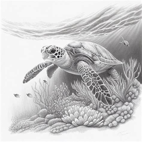 Realistic Sketch of a Majestic Sea Turtle Swimming Over a Coral Reef - Etsy