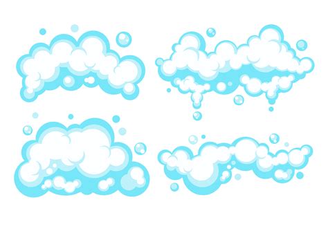 Cartoon soap foam set with bubbles. Light blue suds of bath, shampoo ...