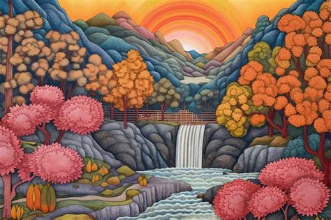 A painting of a waterfall with a sunset in the background. | Premium AI ...