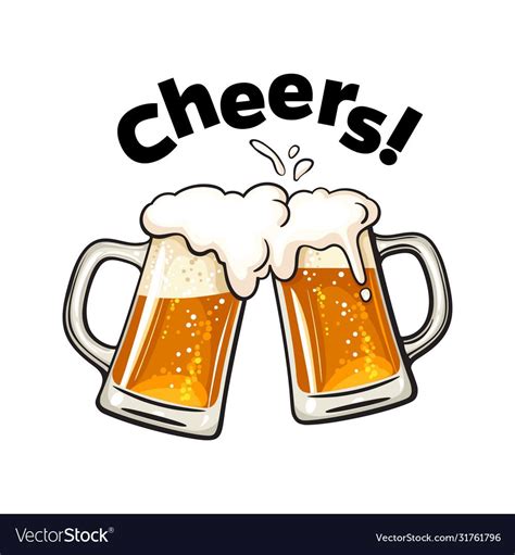 Cheers text two toasting beer mugs clinking vector image on VectorStock ...