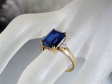 Sapphire Ring, 10K Gold Emerald Cut Blue Sapphire and Diamond Ring ...