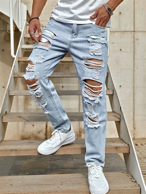 Men Ripped Washed Jeans | Jeans outfit men, Ripped jeans outfit, Ripped ...