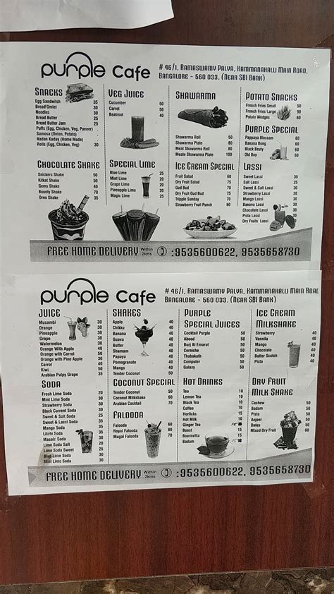 Menu at Purple Cafe, Bengaluru, 46/1