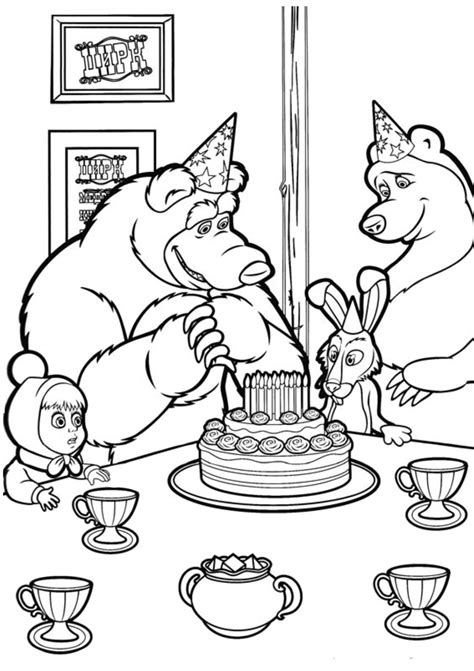 Printable Masha and the Bear Coloring Page Birthday Party with Cakes ...