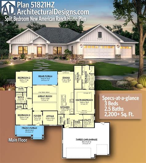 Plan 51821HZ: Split Bedroom New American Ranch Home Plan | Ranch house ...