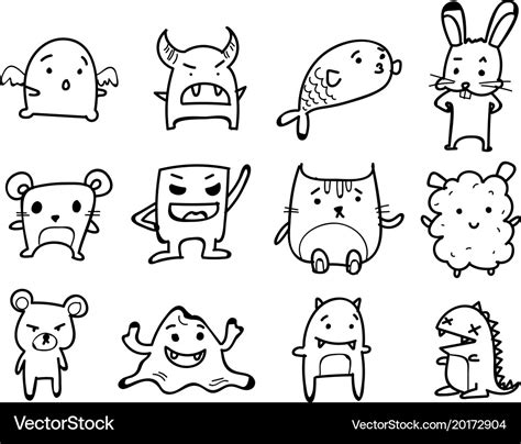 Set of monsters animals doodle cartoon drawing Vector Image