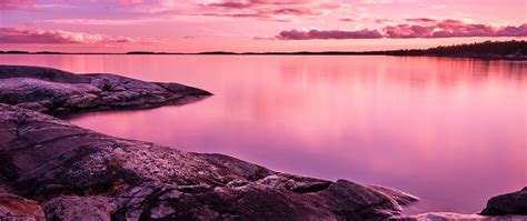 Sunset Wallpaper 4K, Scenery, Lake, Rocks, Pink sky